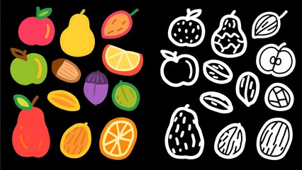 Colorful and Monochrome Fruit Illustrations on Black Background