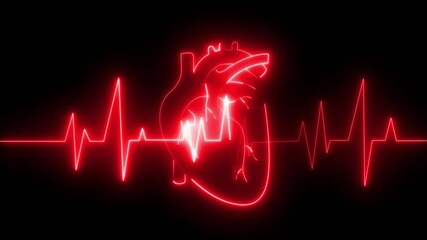 Glowing neon red heartbeat line 4k neon light heartbeat display screen medical research show sign colorful heart beat line Heart health abstract background - Powered by Adobe