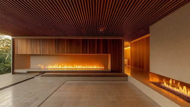 Minimalist indoor-outdoor fireplace with open transition space, wooden ceiling slats and tiled floor, shot in warm lighting
