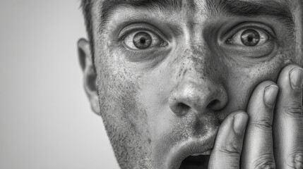 Intense close-up portrait of a man showing a shocked expression.