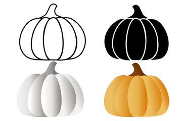 minimalist vector illustration of pumpkins in four distinct styles: transparent outline, black and white line art, flat grey, and a fully colored orange pumpkin