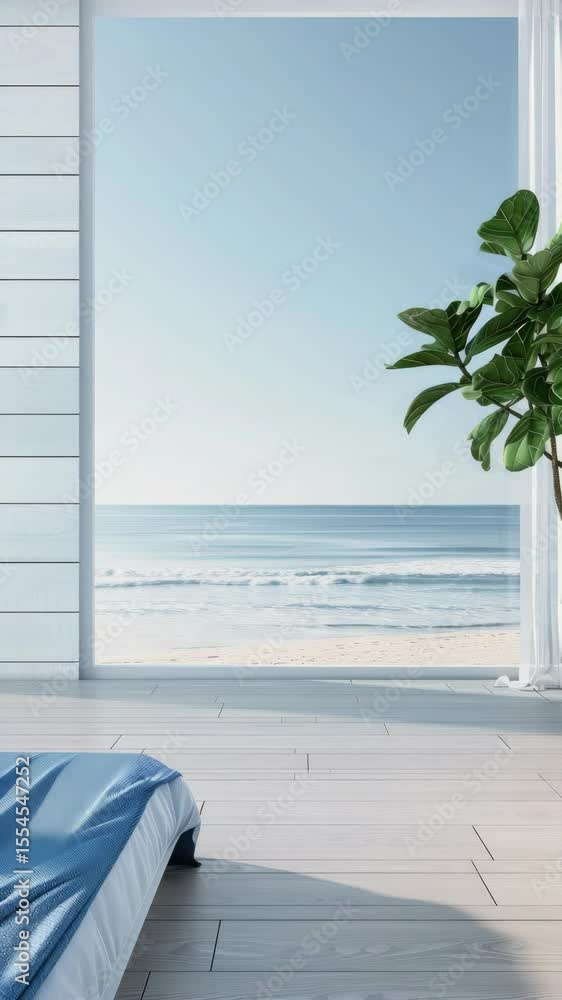 Poster a calming atmosphere unfolds as soft ocean waves lap at the shore while sunlight fills the airy room