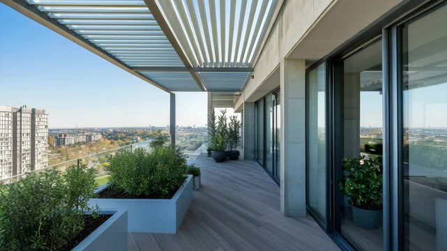 Modern balcony with louvered shade structure, glass panels, raised planters and tidy urban design