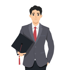 Young businessman in a formal suit and red tie proudly holds a graduation cap. Flat Vector character illustration