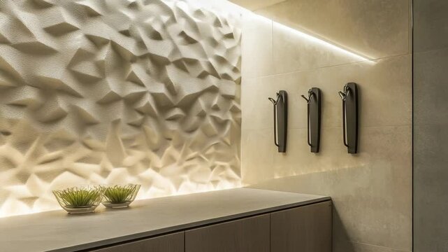 Modern cloakroom with integrated cabinetry, soft lighting, and a textured wall behind the coat hooks