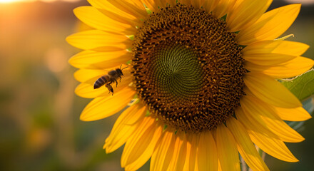 Fototapeta premium Golden Hour Sunflower and Honeybee A Stunning Close-Up
