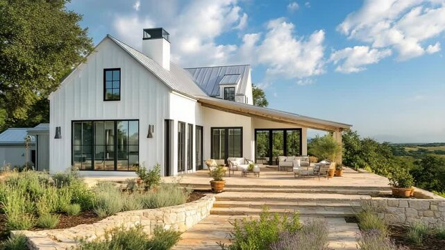 Modern farmhouse exterior with fresh white paint, clean architectural lines, wood and stone natural accents, cozy rural elegance
