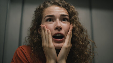 Close-up portrait of a woman showing a frightened expression with wide eyes and open mouth.