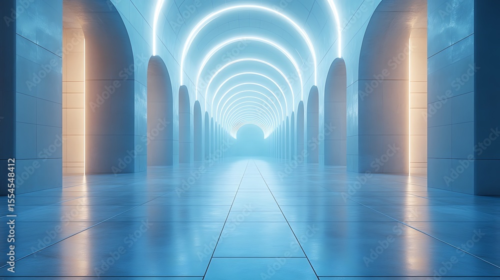 Poster futuristic corridor with neon lights, empty modern architecture tunnel concept design