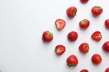 Fresh ripe strawberries on white background, flat lay. Space for text