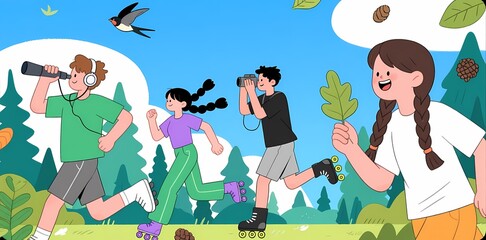 Group of children exploring nature with binoculars and headphones in a forest setting
