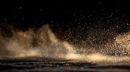 Golden sparkles descend on a dark, textured surface softly