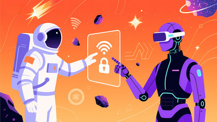 Astronaut and Robot Interact with Secure Wi-Fi Icon in Space
