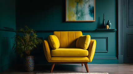 Modern yellow armchair in stylish living room interior with green walls, pot of plant, painting