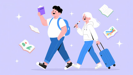Two individuals walking while holding books and a suitcase, surrounded by floating papers.