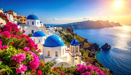 Obraz premium Iconic white architecture with blue domes sits atop cliffs overlooking the turquoise sea at sunset.