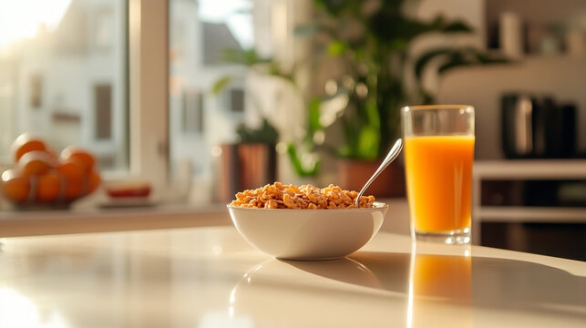 Relaxed Indian male enjoying breakfast at kitchen counter, bowl of cereal and spoon in hand, glass of orange juice nearby