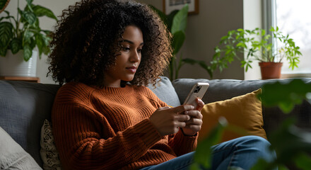 Relaxed african american woman texts on phone while comfortably seated on her sofa at home.