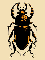Vector illustration of a black beetle in orange highlights on a beige background. For your designs in a natural history style