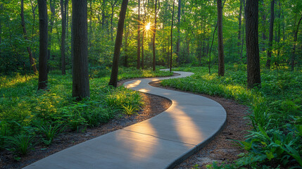Obraz premium Nature scene with Silver Comet Trail walking path, tall trees shading concrete path, lush plants and vibrant summer environment 