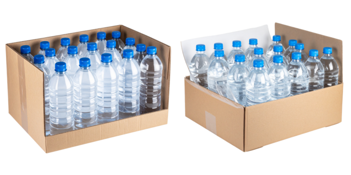  Shrink-Wrapped Case of Mineral Water Bottles with Blue Caps, isolated on transparent background PNG