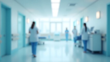 Fototapeta premium Hospital hallway blurred background with doctors and medical staff