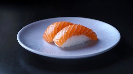 Sushi salmon on a plate on dark table
