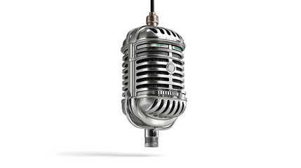 Vintage microphone hanging from above isolated on white background