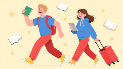 Two individuals carrying books and a suitcase, suggesting travel or study abroad