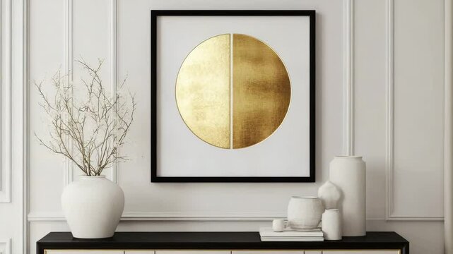 Modern wall art in gold foil accents framed in black wood, centered above a neutral console