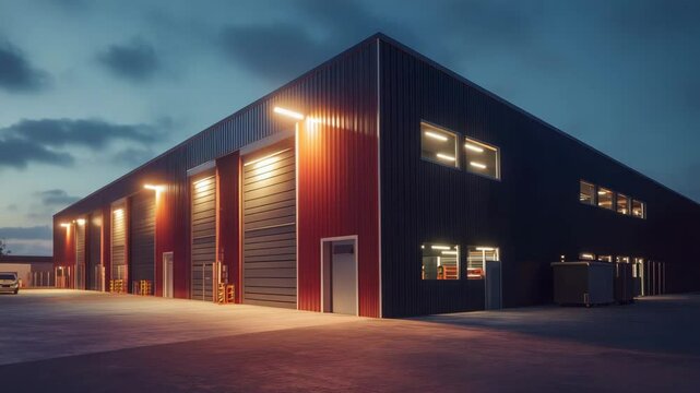 Modern warehouse exterior with attached small office unit illuminated at night - Powered by Adobe