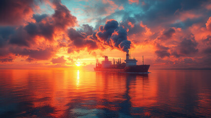 Fototapeta premium industrial ship emitting dense smoke into colorful sunset sky, polluted water reflection, climate change concept 
