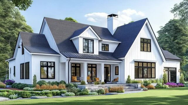 New white farmhouse featuring dark shingle roof, black windows, and colorful accents, perfect for modern country living themes