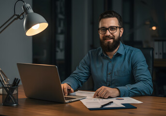 Confident Businessman Works Late Analyzing Financial Data on Laptop in Dark Office.