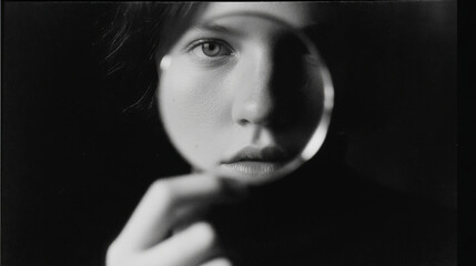 Intriguing black and white portrait of a person looking through a magnifying glass.