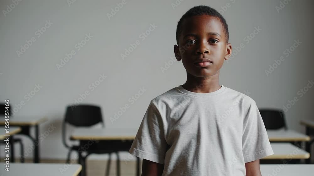 Poster african american elementary school student standing in classroom, wearing casual gray tshirt, focusi