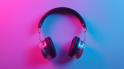 Wireless minimalist headphones on purple blue gradient background