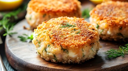 Salmon fishcake coated in brown breadcrumbs with irish champ lemon and dill
