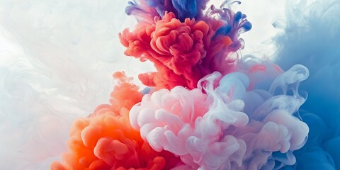 Fototapeta premium Vibrant explosion of red orange and blue ink clouds swirling in water creating abstract organic shapes