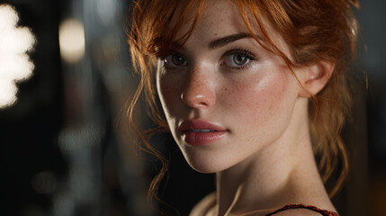 A stunning portrait of a red-haired woman with captivating green eyes and freckles.