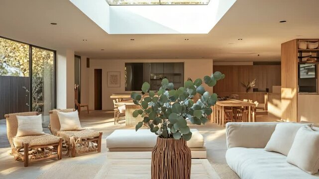 Open-plan interior with skylight beams across neutral furniture, eucalyptus branches in vase, and handcrafted wood decor