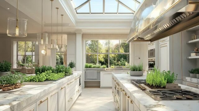 Open-plan kitchen with marble countertops, hanging lights, indoor herb garden and large skylight overhead