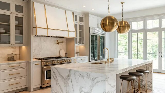 Open concept luxury kitchen with marble island brass fixtures pendant lighting and high-end built-in appliances under soft natural lighting