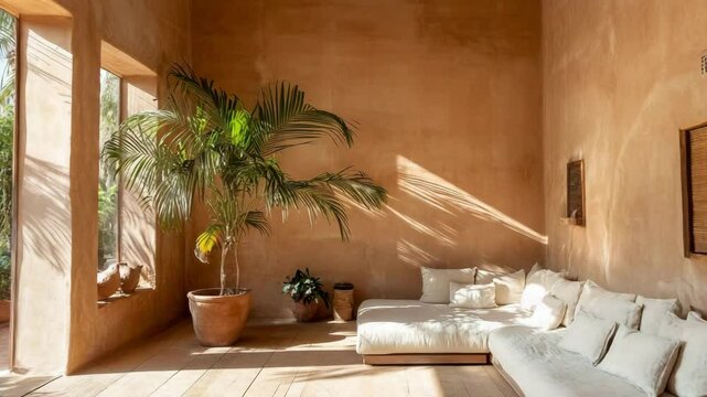 Open living space with clay plaster walls, sun-warmed wooden floor, potted palms, and organic linen sofa facing garden
