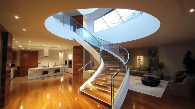 Open plan luxury interior featuring central staircase glass railings wood floors and skylight bringing ample natural light