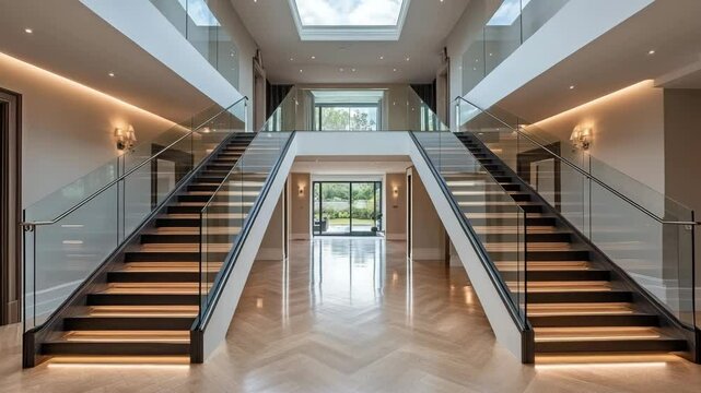 Open plan luxury interior featuring central staircase glass railings wood floors and skylight bringing ample natural light