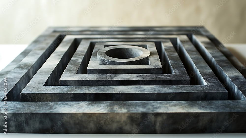 Poster abstract stone sculpture with concentric squares and circle in center for modern art design
