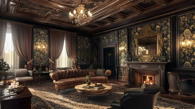 Opulent living room with ornate ceiling, vintage wallpaper, and stately mirror reflecting a luxurious interior