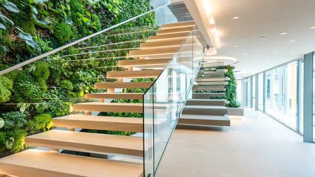 Open staircase with floating wood treads, glass railing, vertical garden feature, and soft ceiling lights