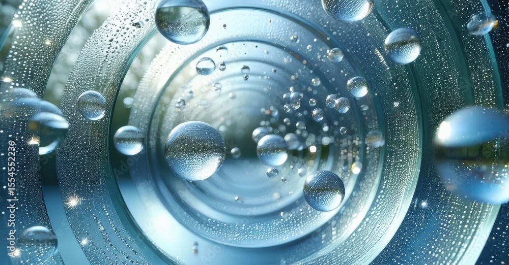 Poster Abstract water droplets surround tunnel. Blue tones dominate, creating cool visual effect. Light reflects, sparkles throughout composition.